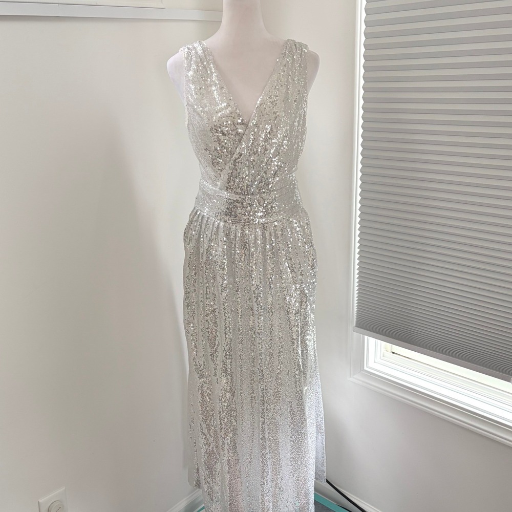 Kate Kasin Sequin Maxi Dress Large Glam Silver V-Neck Sleeveless Cocktail Gown